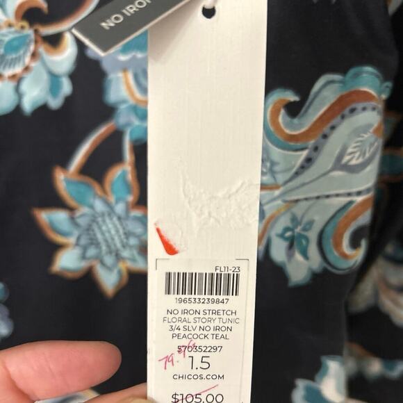 Chico’s Black Floral No Iron Cotton Stretch Button Down Tunic Blouse New Size 10 - Picture 12 of 14